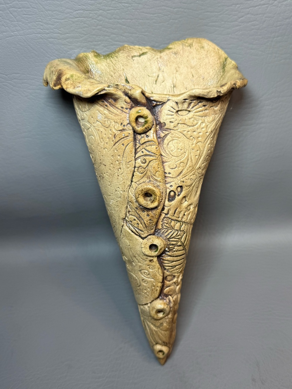 Handmade Beige Primitive Textured Pottery 11” Wall Pocket Vase